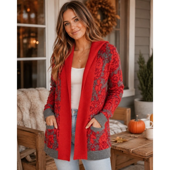 Anthropologie Sweaters - Anthropologie x Sparrow Hooded Open Cardigan Sweater Red Rose Medium Pockets